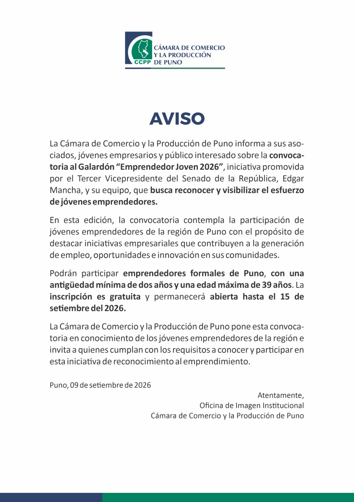 GALARDÓN “EMPRENDEDOR JOVEN 2026”