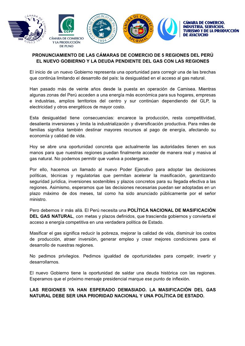 PRONUNCIAMIENTO DE LAS CÁMARAS DE COMERCIO DE 5 REGIONES DEL PERÚ EL NUEVO GOBIERNO Y LA DEUDA PENDIENTE DEL GAS CON LAS REGIONES 