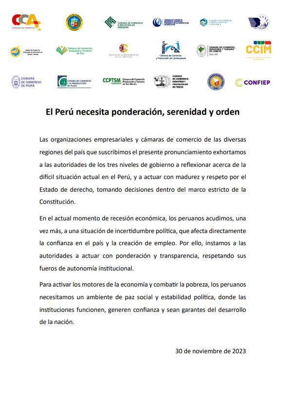  PRONUNCIAMIENTO: "URGE SERENIDAD Y RESPETO POR EL ESTADO DE DERECHO EN EL PERÚ"