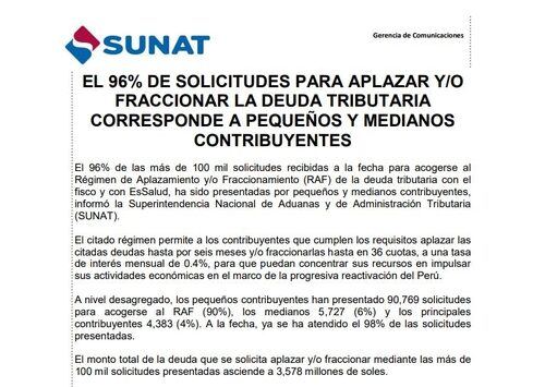 NOTA DE PRENSA: EL 96% DE SOLICITUDES PARA APLAZAR Y/O FRACCIONAR LA DEUDA TRIBUTARIA CORRESPONDE A PEQUEÑOS Y MEDIANOS CONTRIBUYENTES